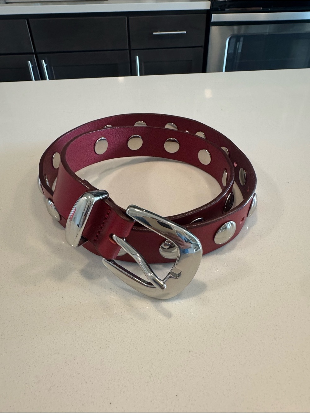 Madewell Red Leather Studded Belt with Silver Buckle